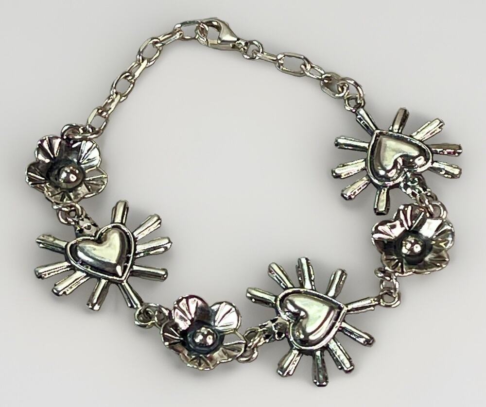 TAXCO Mexico 925 Sterling Silver Heart Sunburst Flower Oval Link Bracelet 14.4g